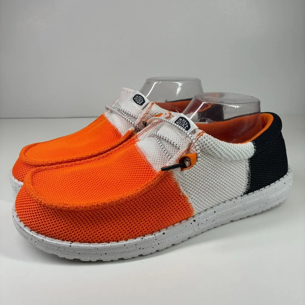 HEY DUDE Wally Tri Varsity Men's US 10 Orange White Mesh Casual Slip-On Shoes